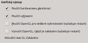 Zobrazení stavu OpenGL v okně Možnosti