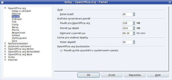 Okno s nastavením voleb paměti pro OpenOffice.org
