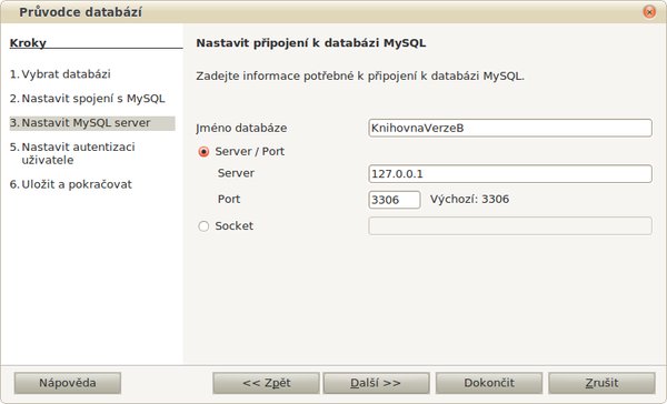 Zadejte název databáze MySQL a serveru