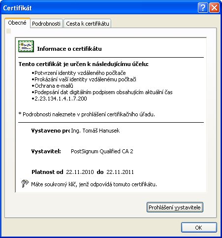 Obecné informace o certifikátu