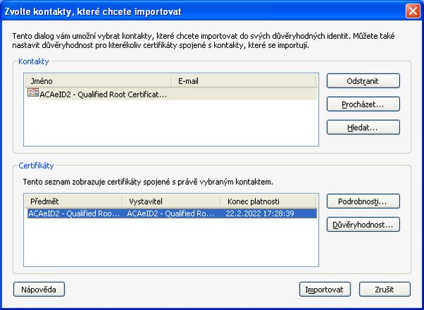 Dialog pro import certifikátu v Adobe Readeru