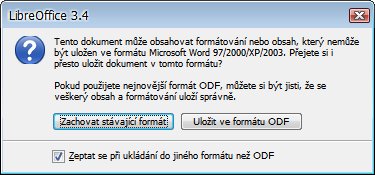 Byl přepracován vzhled okna varujícího při ukládání do jiného než nativního formátu. Porovnejte verzi pro LibreOffice 3.4…