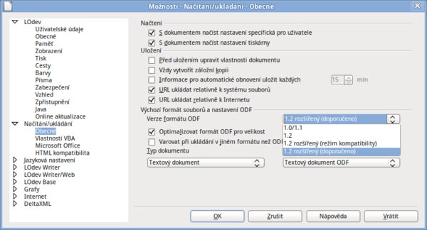 Chcete-li, můžete ukládat do staršího formátu ODF, který je však poněkud odchýlen od toho standardního