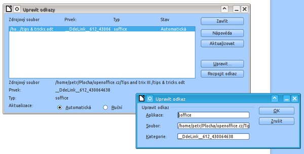 Správa odkazů v okně Upravit odkazy