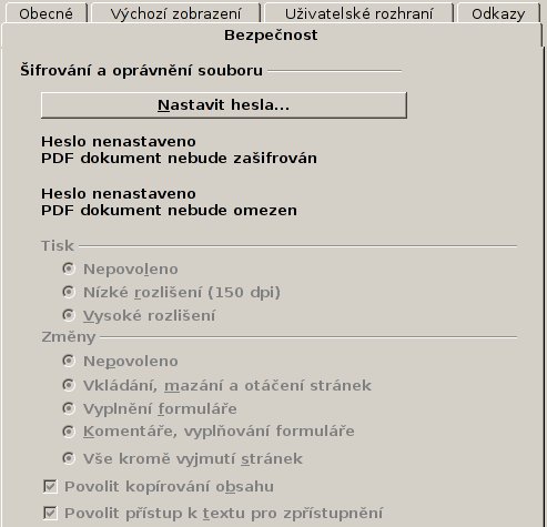 Nastavení bezpečnosti vytvořeného dokumentu PDF