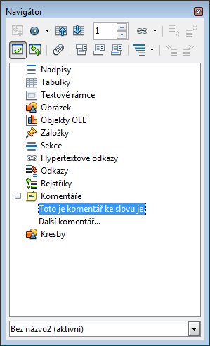 Navigátor a seznam komentářů