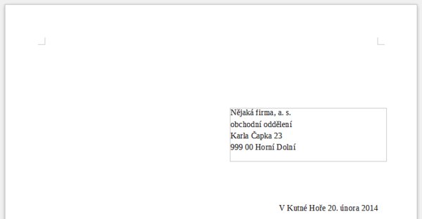 Adresa v dopisu s využitím rámce