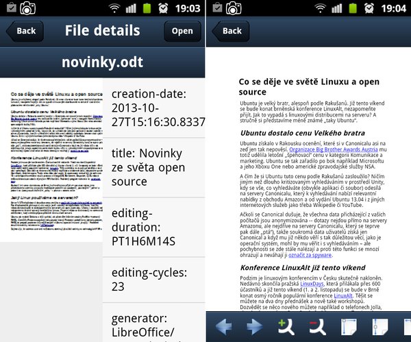 WebODF pro Android – informace o dokumentu, prohlížení dokumentu