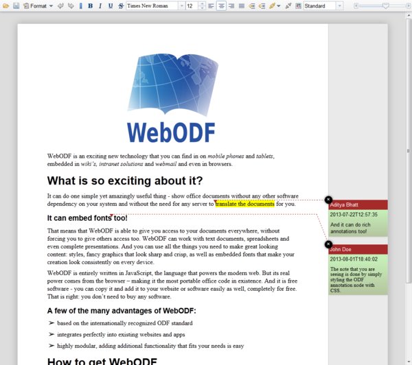 Demo WebODF na webu tvůrců aplikace (všimněte si podpory komentářů)﻿