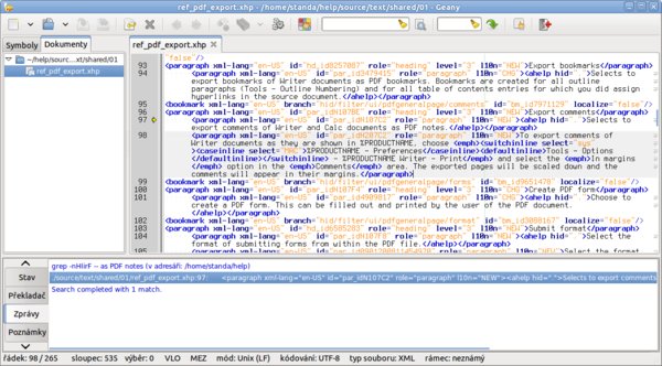 Upravený soubor nápovědy v editoru Geany