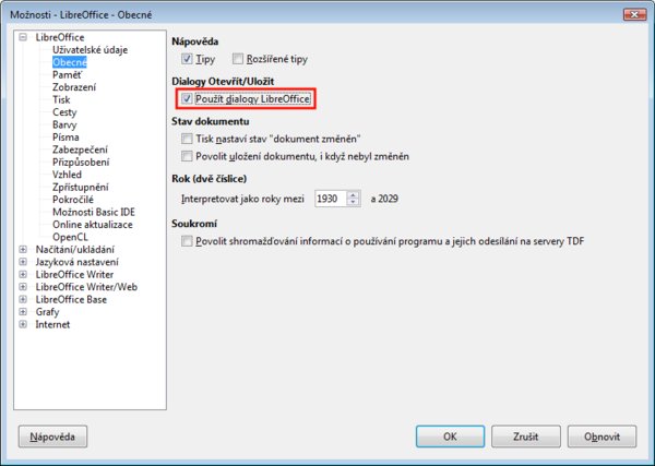  Zapnutí dialogů LibreOffice