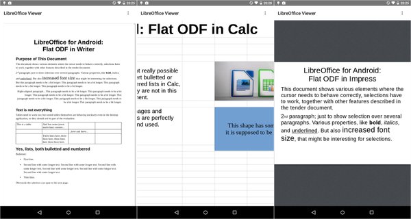Ukázky dokumentů flat ODF otevřených v LibreOffice pro Android (screenshoty: Miklos Vajna)