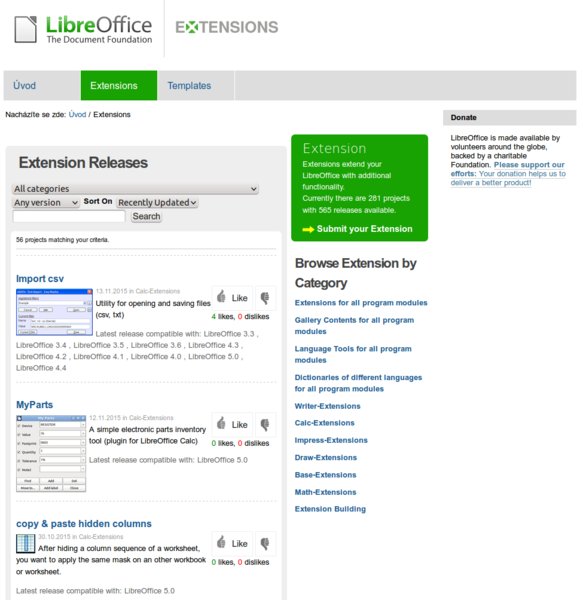 Úvodní webová stránka centrálního úložiště rozšíření LibreOffice