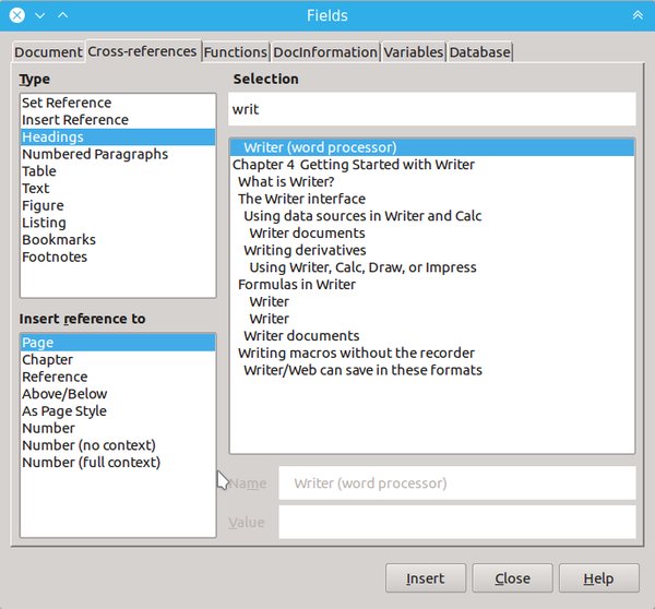 Filtrování při vkládání křížových odkazů v LibreOffice 5.2