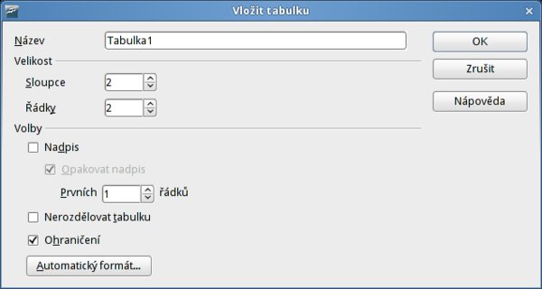 Dialogové okno Vložit tabulku