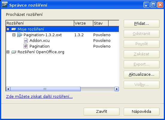 Správce rozšíření ve verzi 2.x