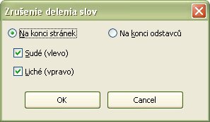 Nastavenie zrušenia delenia slov na konci všetkých strán
