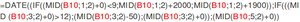 =DATE((IF((MID(B10;1;2)+0)<9;MID(B10;1;2)+2000;MID(B10;1;2)+1900));IF(((MID(B10;3;2)+0)>12);(MID(B10;3;2)-50);(MID(B10;3;2)+0));