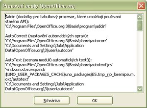 Okno „Pracovné cesty OpenOffice.org“ s vypísanými pracovnými cestami OpenOffice.org