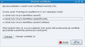 Dialog pro nastavení účelů uznávání při instalaci certifikátu certifikační autority
