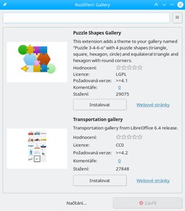Nové okno Rozšíření pro instalaci doplňkových galerií