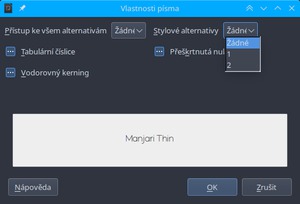 Možnost výběru alternativ vlastností písma