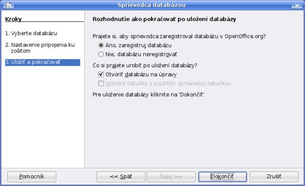 Sprievodca databázou – krok 3 – registrácia databázy