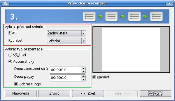 Volba přechodu na další snímek a časování