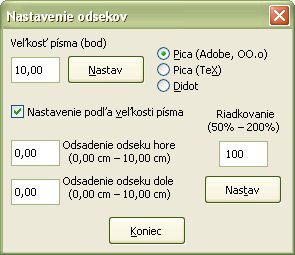 Okno „Nastavenie odsekov“