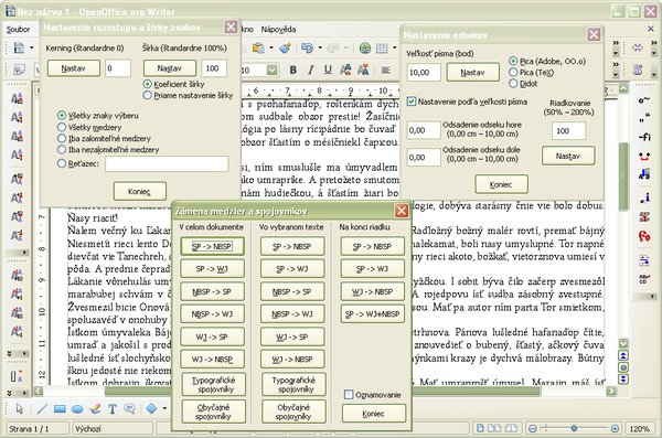Všetky pracovné okná rozšírenia „JP_Kerning_znakov“