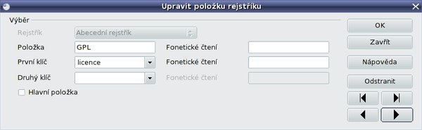 Okno pro úpravu položky rejstříku