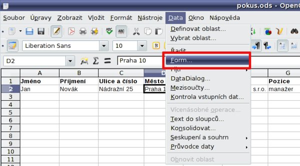 Nová položka v nabídce Data