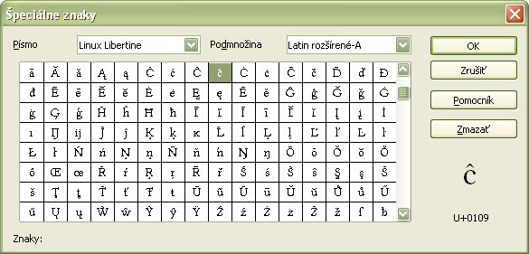 Štandardné okno OpenOffice.org pre vkladanie špeciálnych znakov