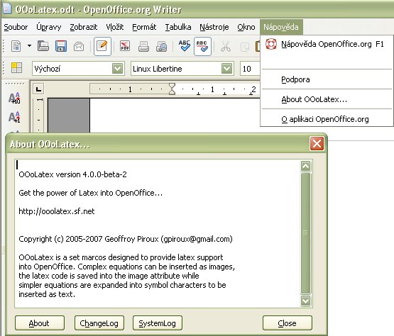 Informácia o rozšírení OOoLatex