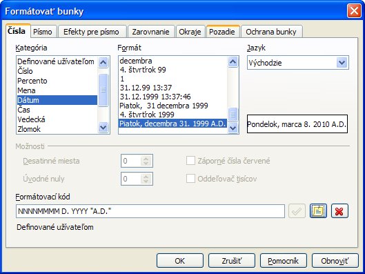 Ponuka Formát | Bunky... karta Čísla, kategória Dátum