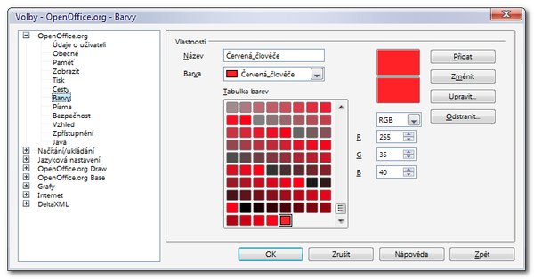 Dialogové okno Volby – Barvy slouží k pozměňování barev v paletě a přidávání i odebírání barev z ní