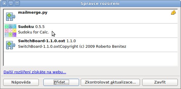 Okno Správce rozšíření po nainstalování Sudoku