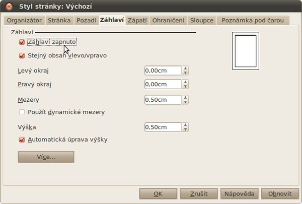 Nastavení záhlaví
