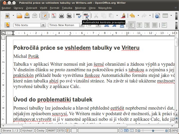 Červeně podtržená, špatně napsaná nebo neznámá slova, kurzor myši na ikonce Automatická kontrola pravopisu