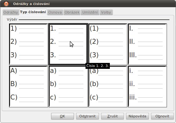 Odrážky a číslování | Typ číslování