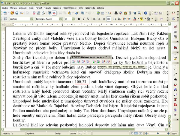 Aktuálne slovo (číslo s desatinnou čiarkou) – kurzor je niekoľko medzier za týmto číslom