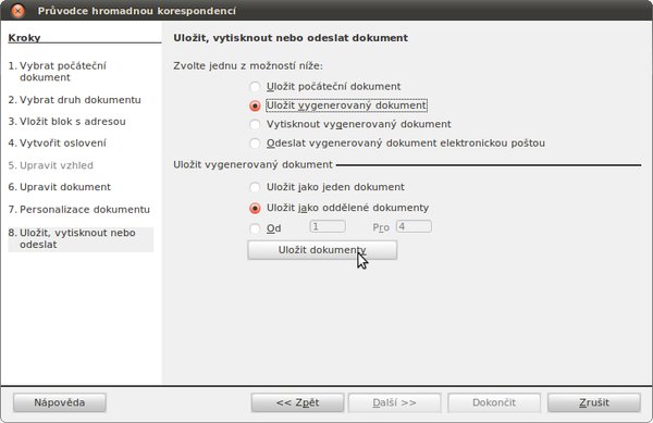 Průvodce hromadnou korespondencí, záložka Uložit, vytisknout nebo odeslat