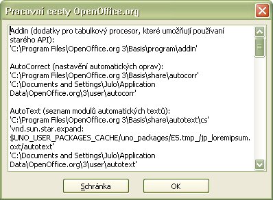Okno „Pracovné cesty OpenOffice.org“ s vypísanými pracovnými cestami OpenOffice.org