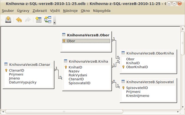 Vazby v databázi, převzaté v Base z programu Workbench