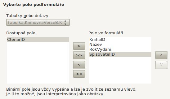 Položky z tabulky Kniha pro formulář