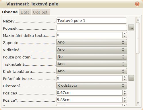 Dialogové okno Vlastnosti pro textové pole