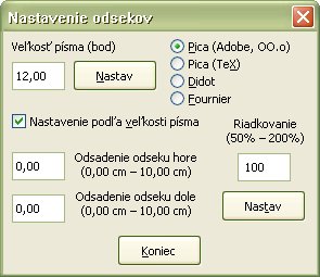 Pracovné okno pre nastavenie odsekov