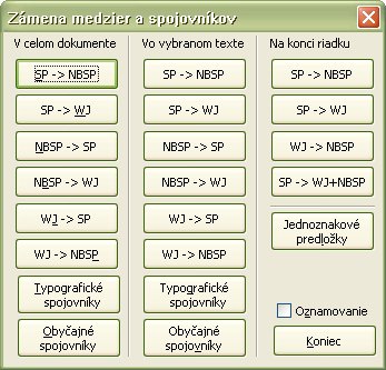 Pracovné okno pre zámeny medzier a spojovníkov