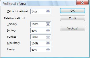 V okně Velikost písma nastavujete jeho velikost pro různé kategorie znaků v Mathu