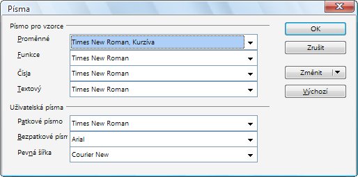 Dialogové okno Písma s přehledem použitých fontů pro jednotlivé kategorie znaků